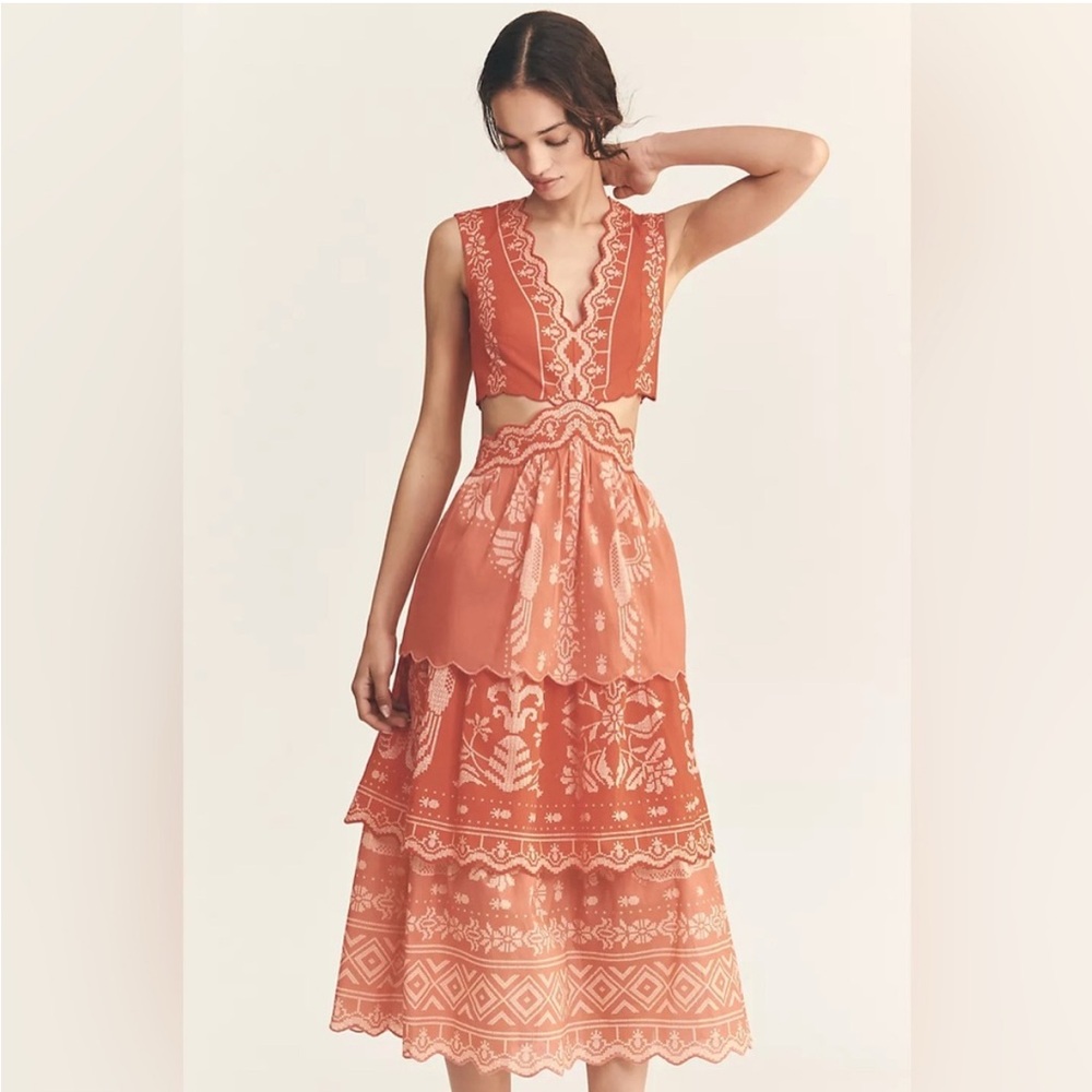 FARM Rio Coral and White Embroidered Midi Dress